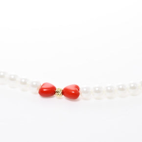 Pearl Necklace with Red Heart Beads and Solid 14K Gold Accents
