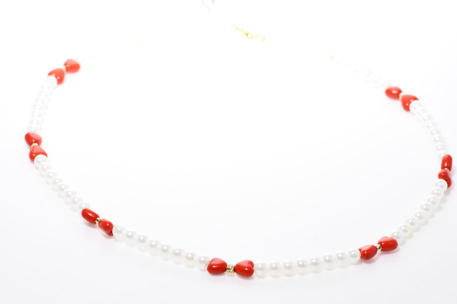 Pearl Necklace with Red Heart Beads and Solid 14K Gold Accents
