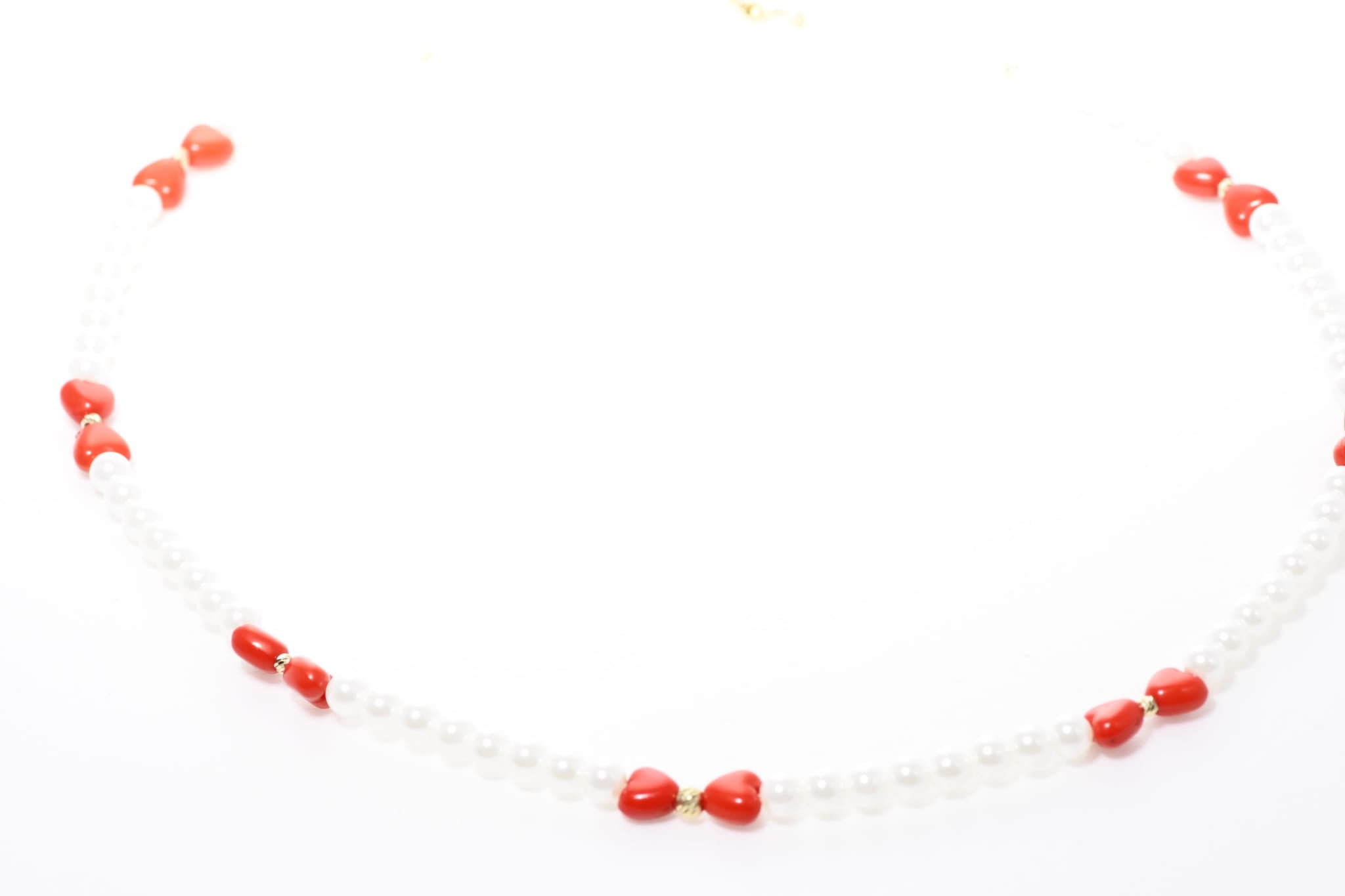 Pearl Necklace with Red Heart Beads and Solid 14K Gold Accents