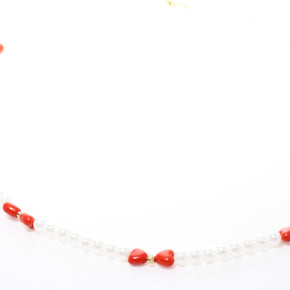 Pearl Necklace with Red Heart Beads and Solid 14K Gold Accents