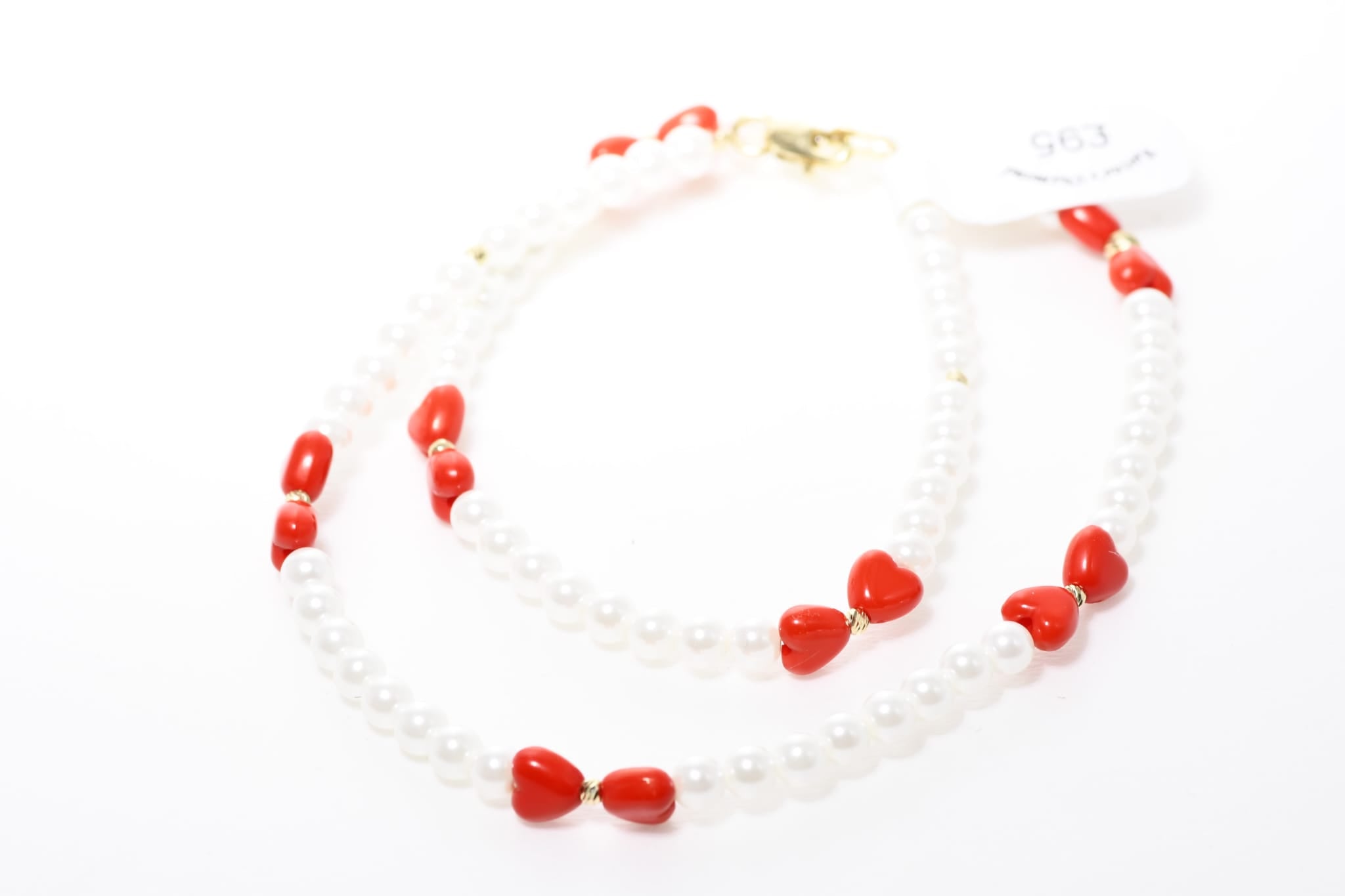 Pearl Necklace with Red Heart Beads and Solid 14K Gold Accents