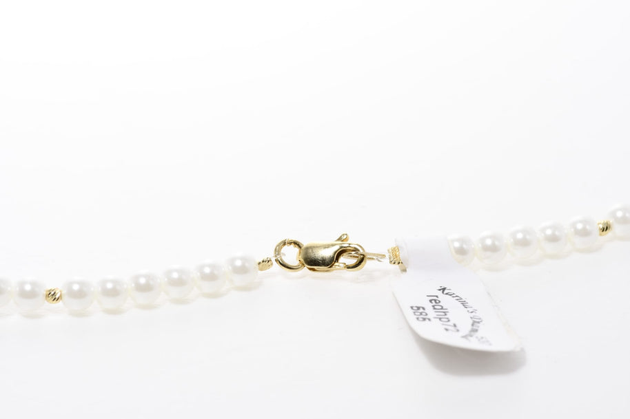 Pearl Necklace with Red Heart Beads and Solid 14K Gold Accents