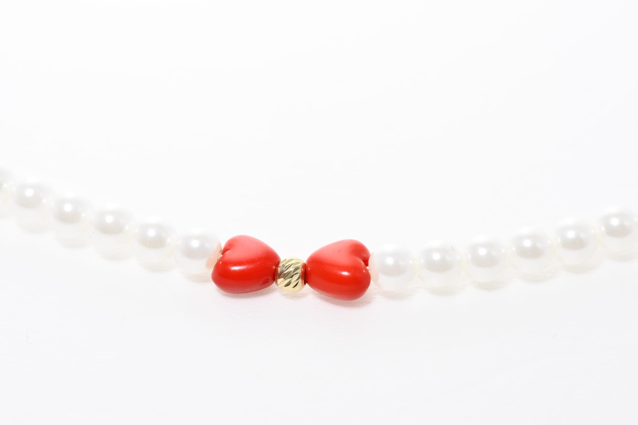 Pearl Necklace with Red Heart Beads and Solid 14K Gold Accents