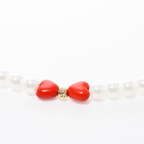Pearl Necklace with Red Heart Beads and Solid 14K Gold Accents