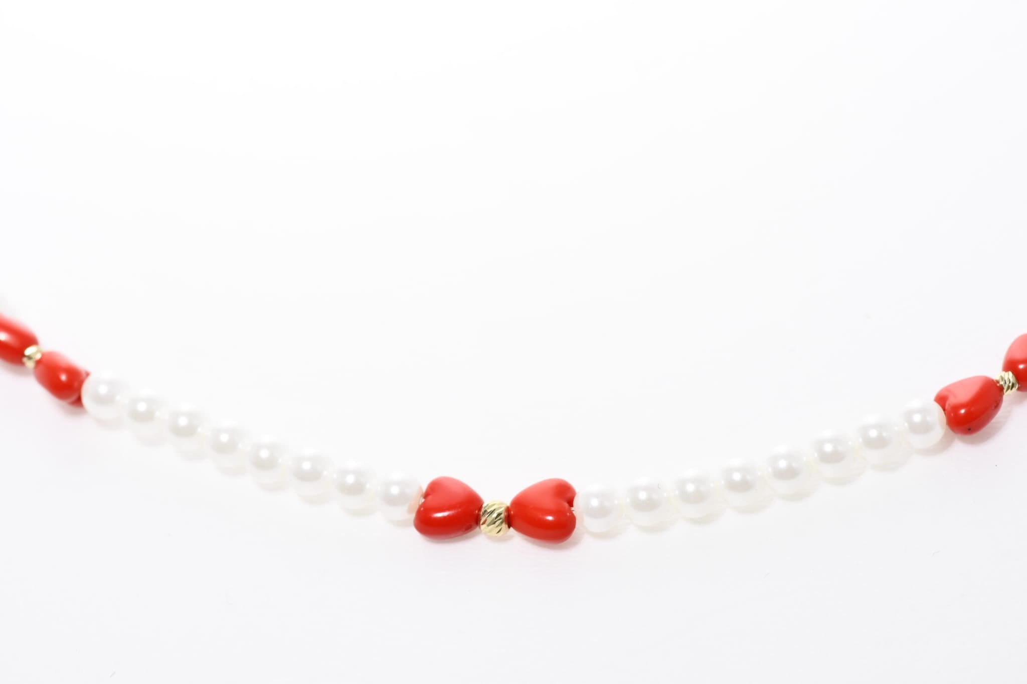 Pearl Necklace with Red Heart Beads and Solid 14K Gold Accents
