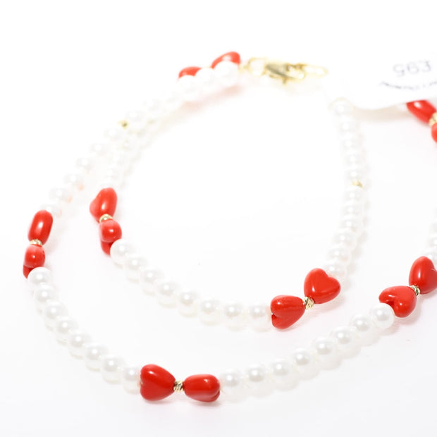 Pearl Necklace with Red Heart Beads and Solid 14K Gold Accents