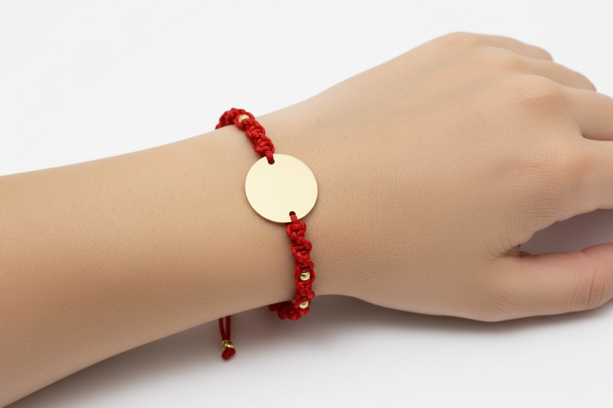 Red Cord Bracelet with 14K Gold Coin (15 mm) and 4 Gold Beads