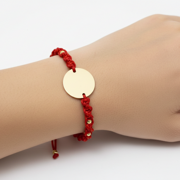 Red Cord Bracelet with 14K Gold Coin (15 mm) and 4 Gold Beads