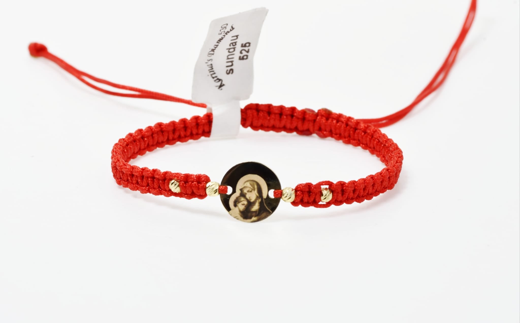 Red Cord Bracelet with Engraved 14K Gold Coin – Virgin Mary and Baby Jesus