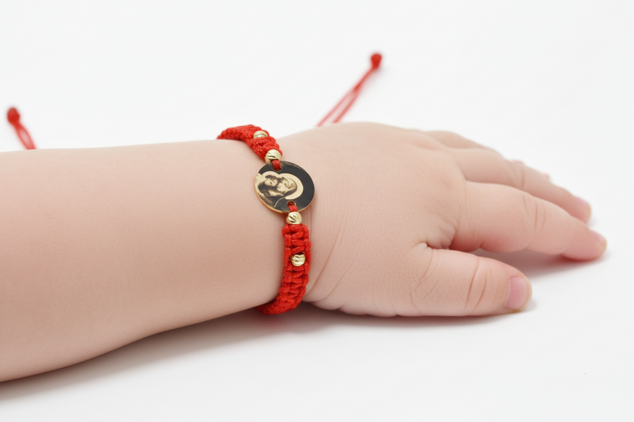 Red Cord Bracelet with Engraved 14K Gold Coin – Virgin Mary and Baby Jesus