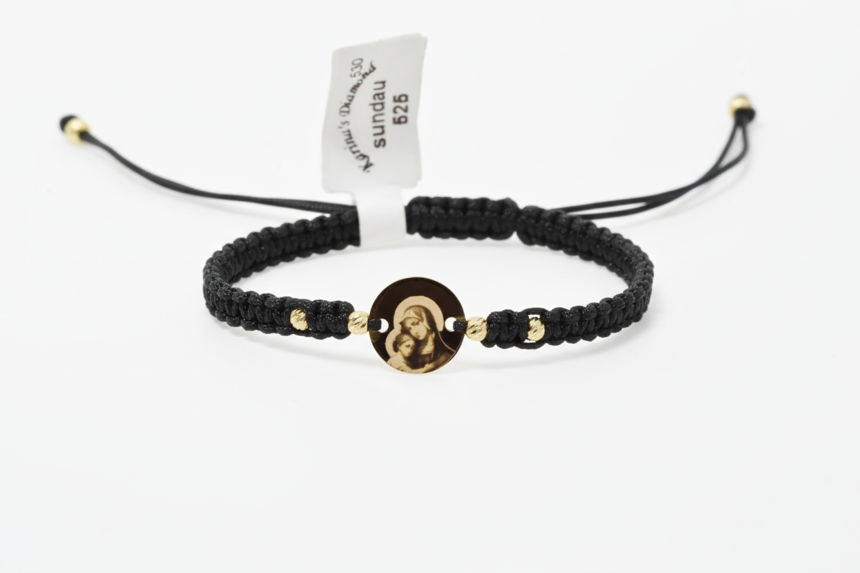 Red Cord Bracelet with Engraved 14K Gold Coin – Virgin Mary and Baby Jesus