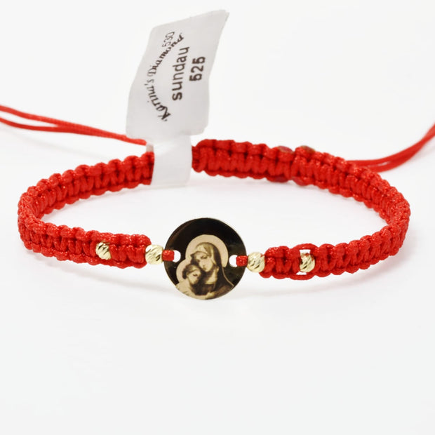 Red Cord Bracelet with Engraved 14K Gold Coin – Virgin Mary and Baby Jesus