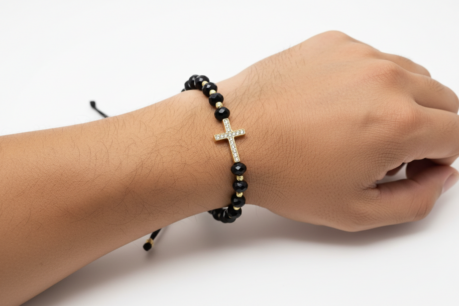 Black Beaded Bracelet with Cross