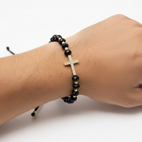 Black Beaded Bracelet with Cross