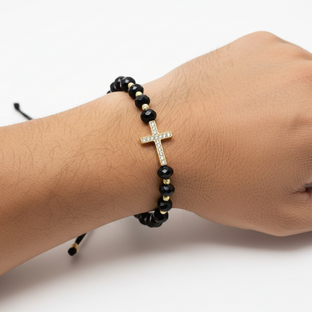 Black Beaded Bracelet with Cross