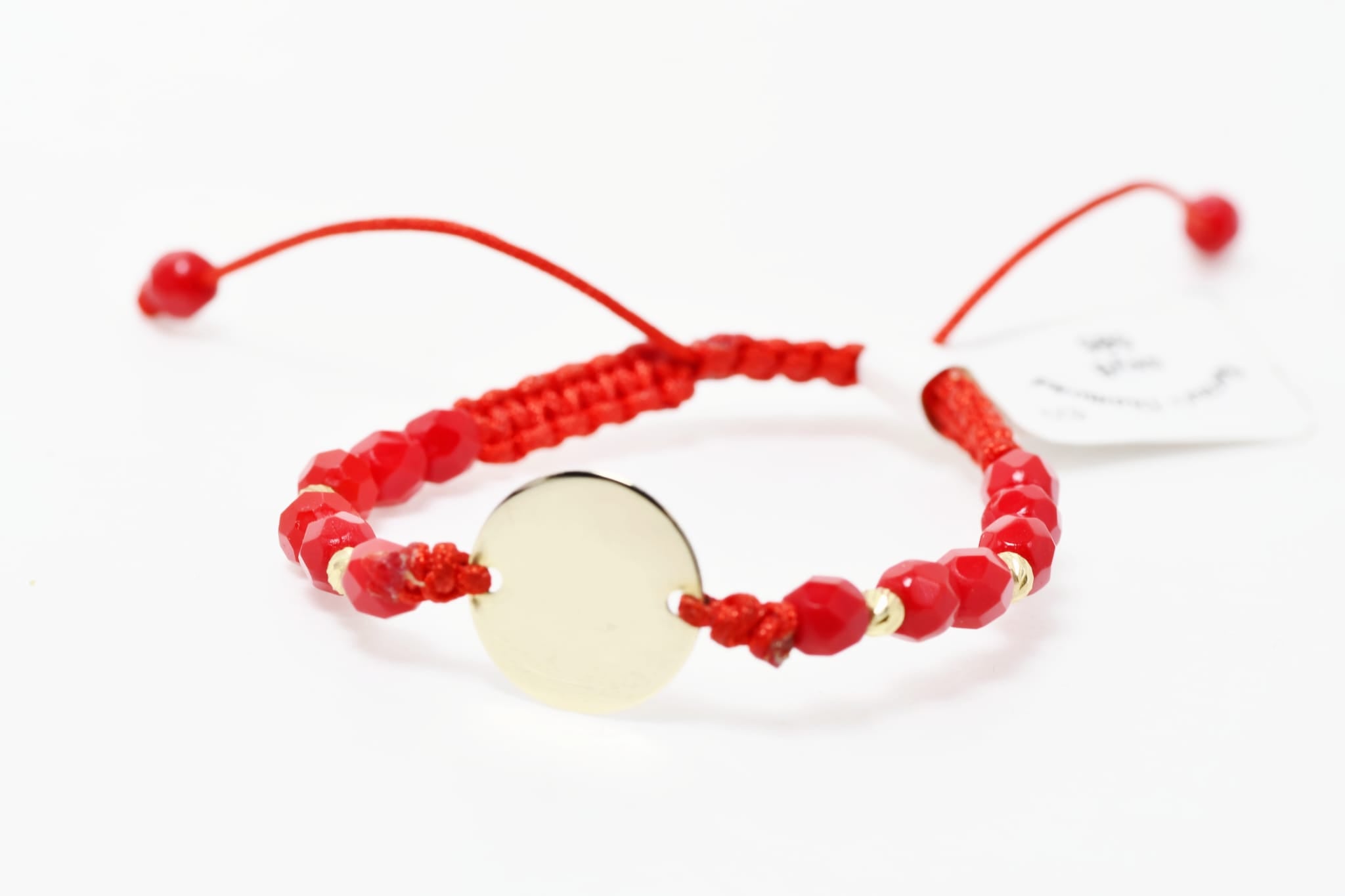Red Cord Bracelet with Faceted Beads & Engravable Coin