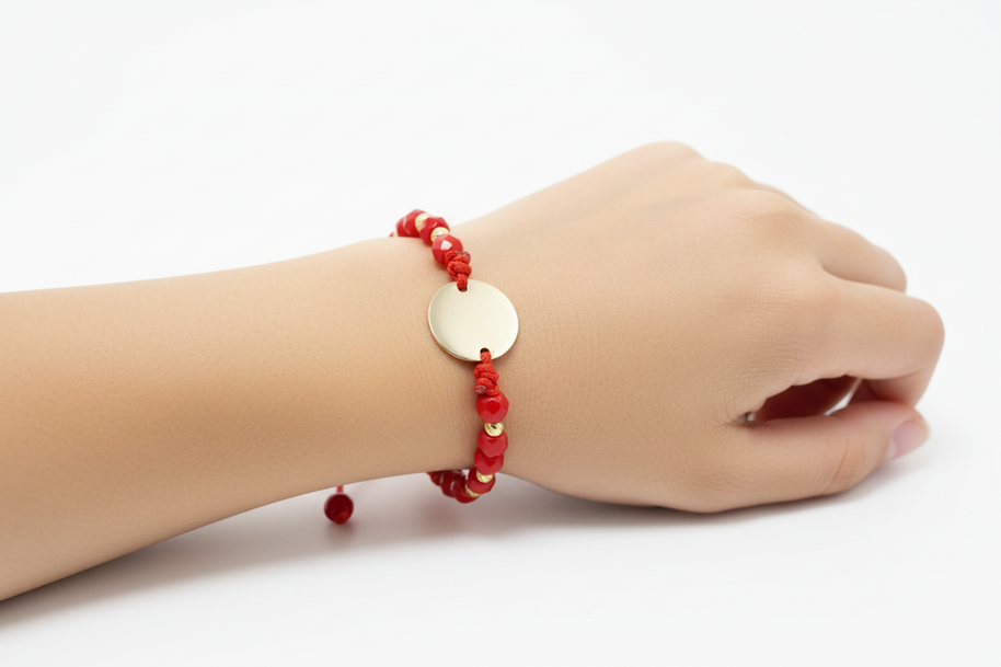 Red Cord Bracelet with Faceted Beads & Engravable Coin