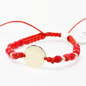 Red Cord Bracelet with Faceted Beads & Engravable Coin