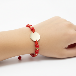 Red Cord Bracelet with Faceted Beads & Engravable Coin
