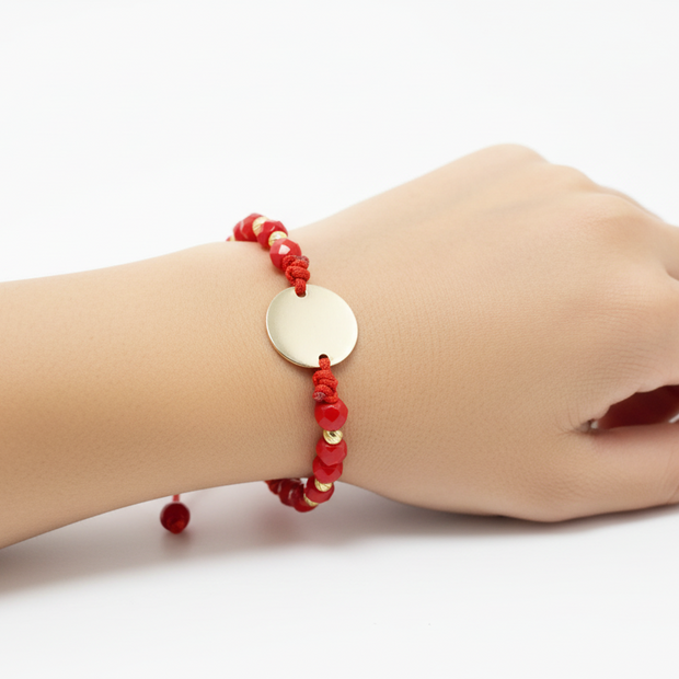 Red Cord Bracelet with Faceted Beads &amp; Engravable Coin