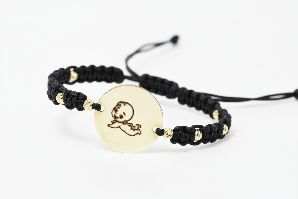 Personalised Gold Coin Cord Bracelet 15mm with 8 Gold Beads