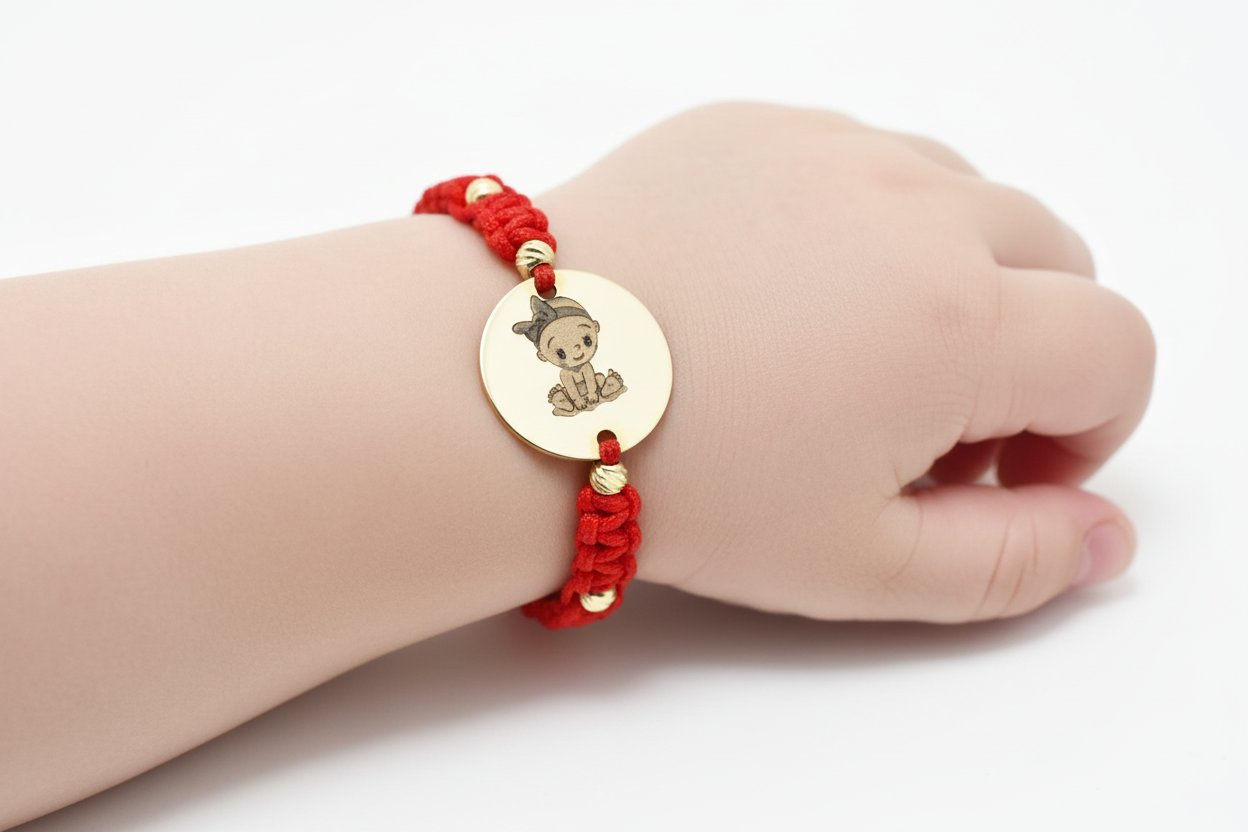 Personalised Gold Coin Cord Bracelet 12mm with 8 Gold Beads – 14K Gold