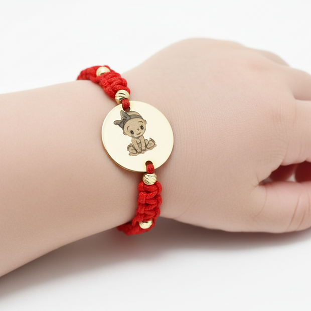 Personalised Gold Coin Cord Bracelet 12mm with 8 Gold Beads – 14K Gold