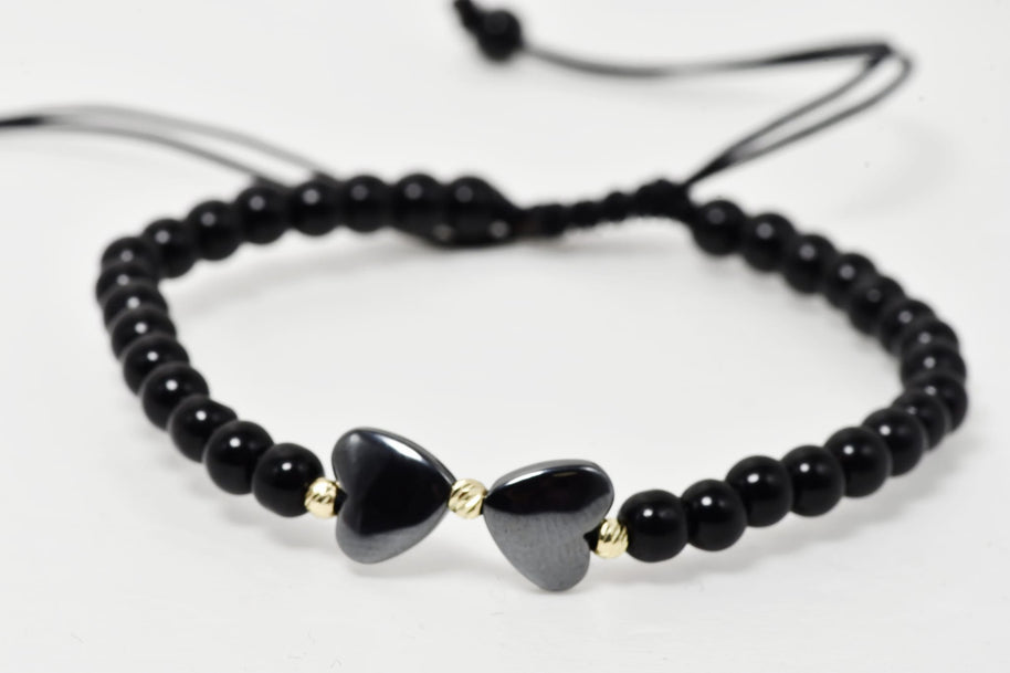 Black Beaded Bracelet with Double Heart Detail and 14K Gold Accents