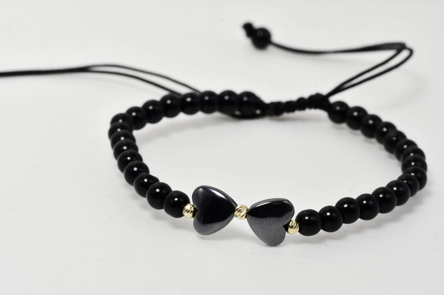Black Beaded Bracelet with Double Heart Detail and 14K Gold Accents