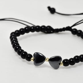 Black Beaded Bracelet with Double Heart Detail and 14K Gold Accents