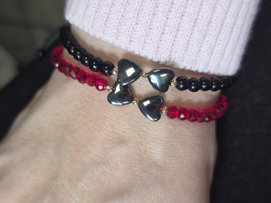 Black Beaded Bracelet with Double Heart Detail and 14K Gold Accents