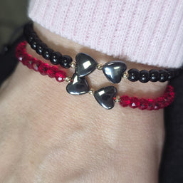 Black Beaded Bracelet with Double Heart Detail and 14K Gold Accents