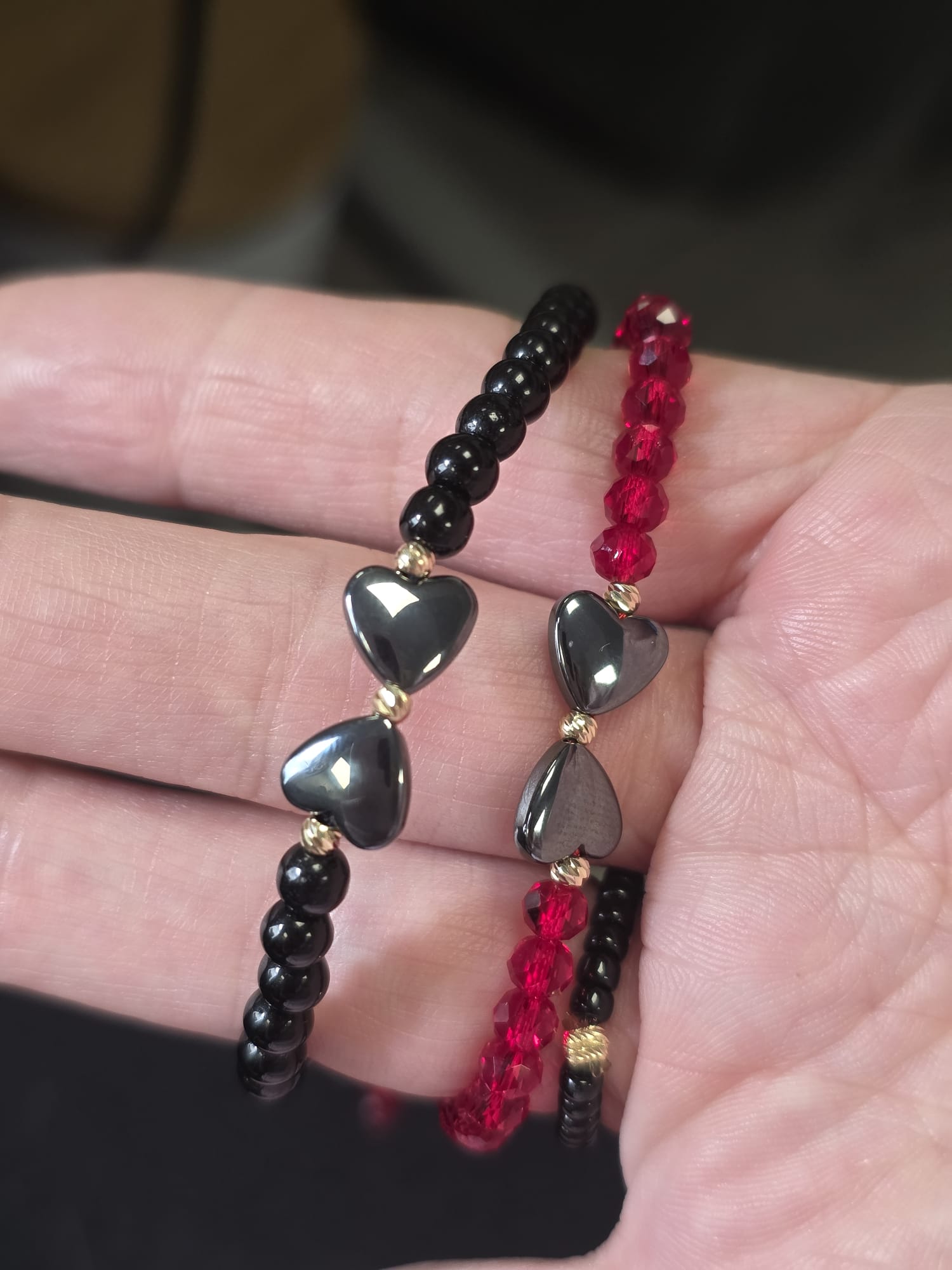 Black Beaded Bracelet with Double Heart Detail and 14K Gold Accents