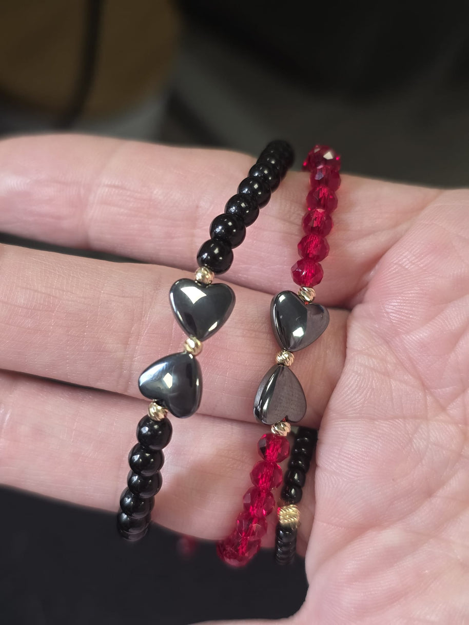 Black Beaded Bracelet with Double Heart Detail and 14K Gold Accents
