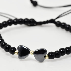 Black Beaded Bracelet with Double Heart Detail and 14K Gold Accents