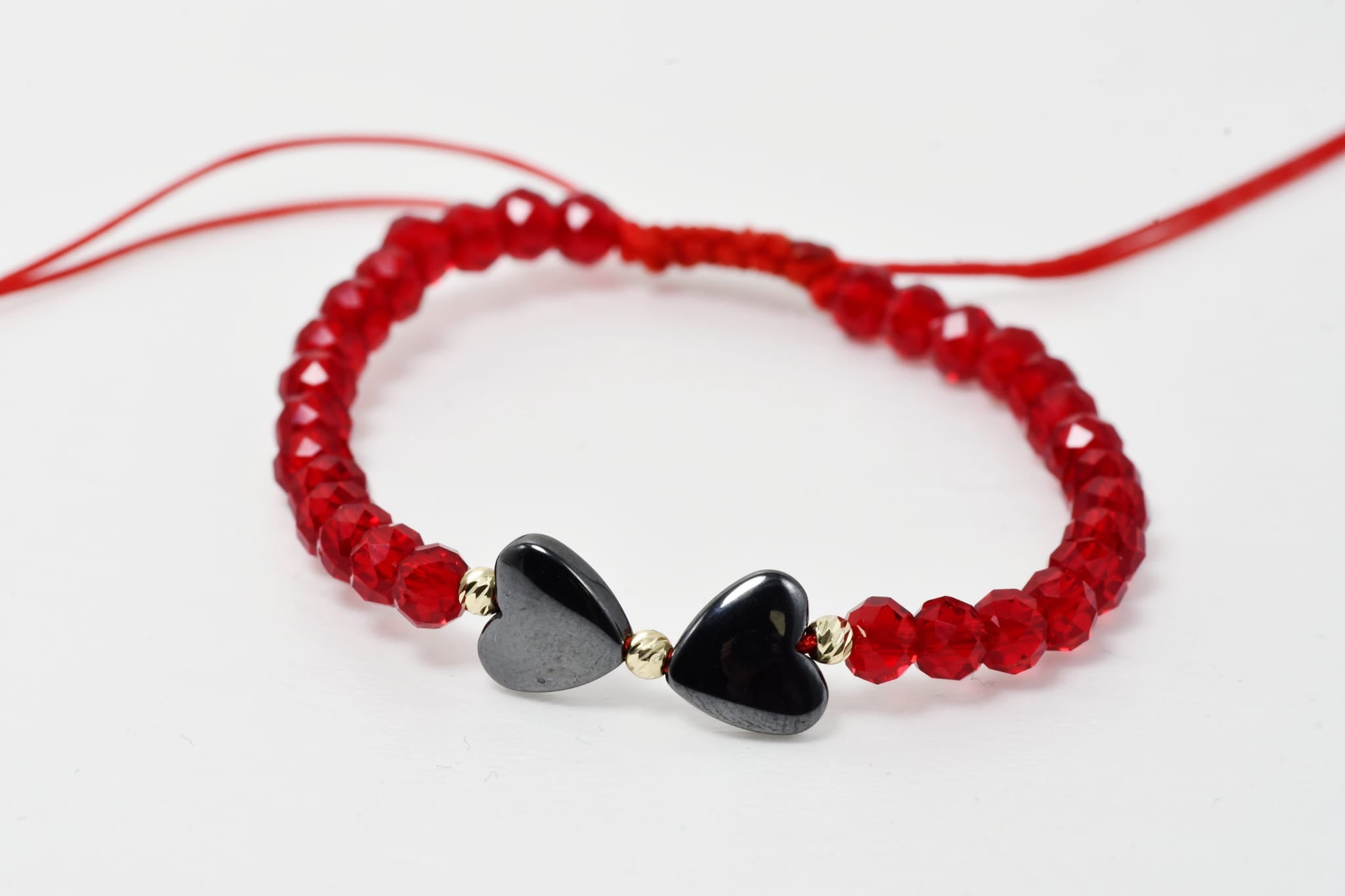 Black Beaded Bracelet with Double Heart Detail and 14K Gold Accents