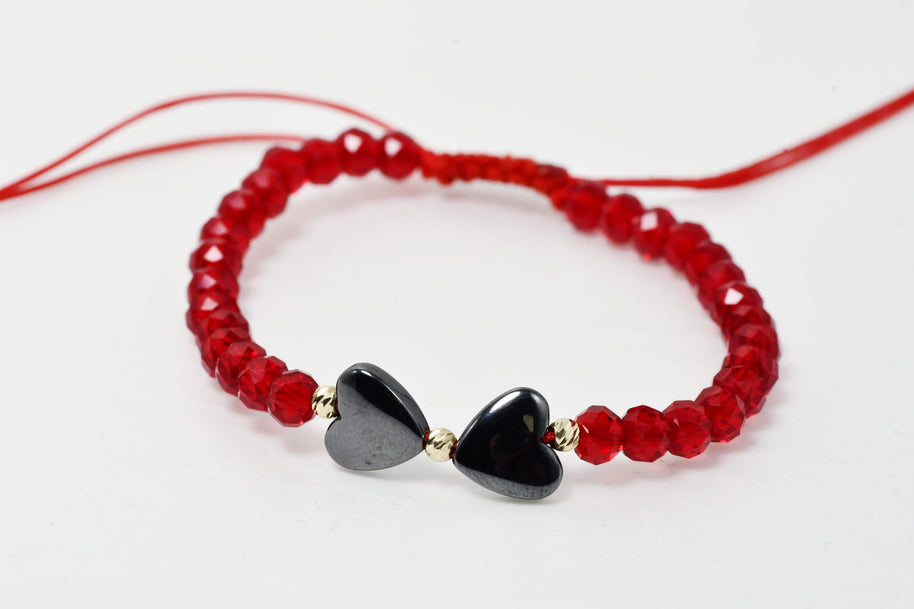 Black Beaded Bracelet with Double Heart Detail and 14K Gold Accents