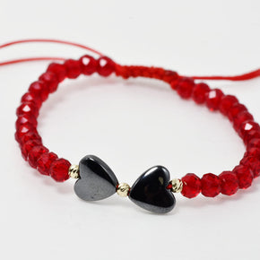 Black Beaded Bracelet with Double Heart Detail and 14K Gold Accents