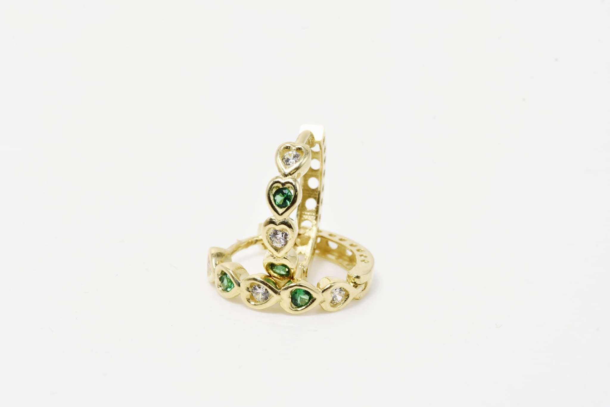 Heart-Shaped Gold Hoop Earrings with Green & Clear Stones – 14K Gold