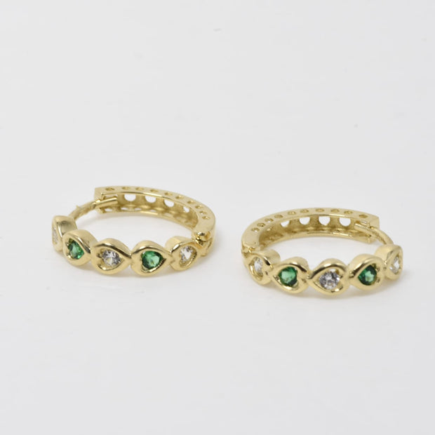 Heart-Shaped Gold Hoop Earrings with Green &amp; Clear Stones – 14K Gold