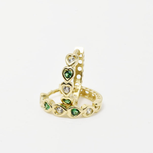 Heart-Shaped Gold Hoop Earrings with Green &amp; Clear Stones – 14K Gold