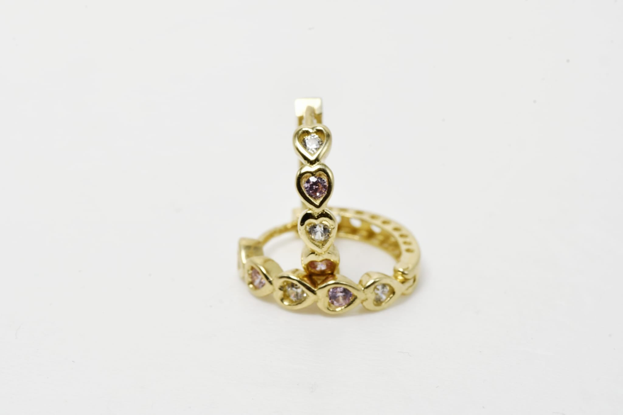 Heart-Shaped Gold Hoop Earrings with Clear & Soft Pink Stones – 14K Gold