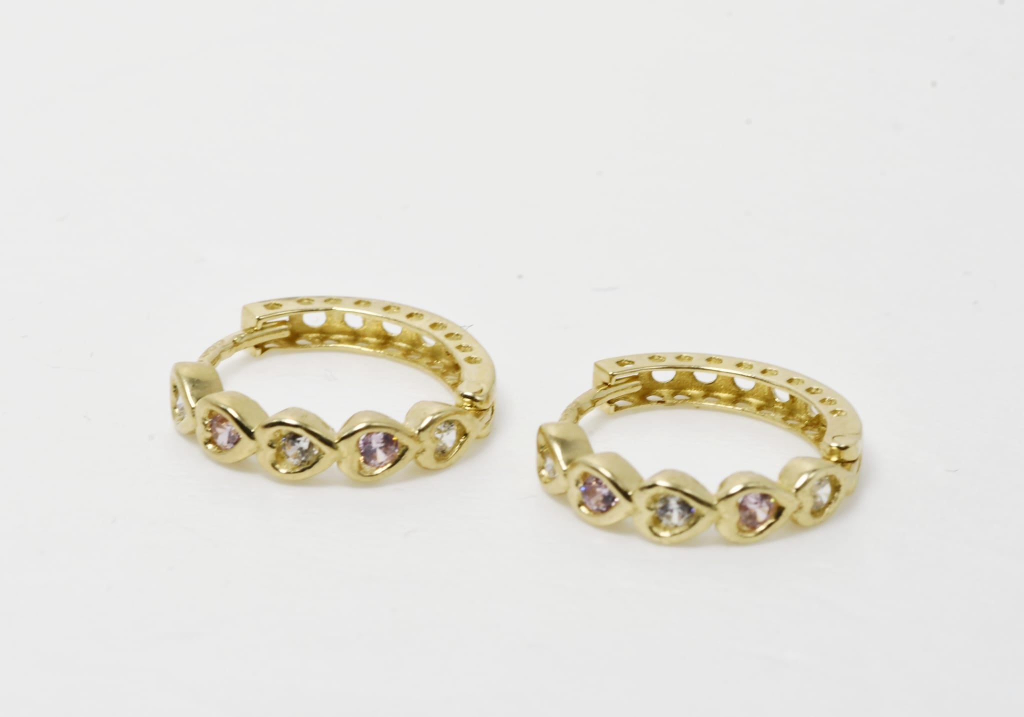 Heart-Shaped Gold Hoop Earrings with Clear & Soft Pink Stones – 14K Gold