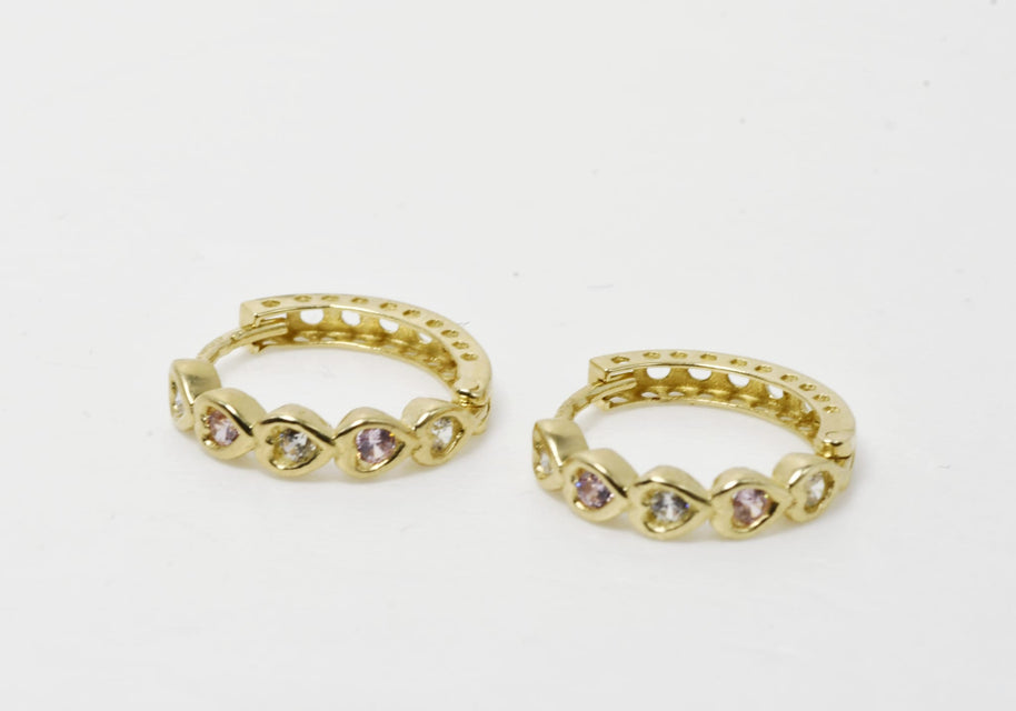 Heart-Shaped Gold Hoop Earrings with Clear & Soft Pink Stones – 14K Gold