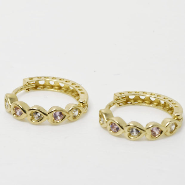 Heart-Shaped Gold Hoop Earrings with Clear &amp; Soft Pink Stones – 14K Gold