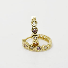 Heart-Shaped Gold Hoop Earrings with Clear & Soft Pink Stones – 14K Gold