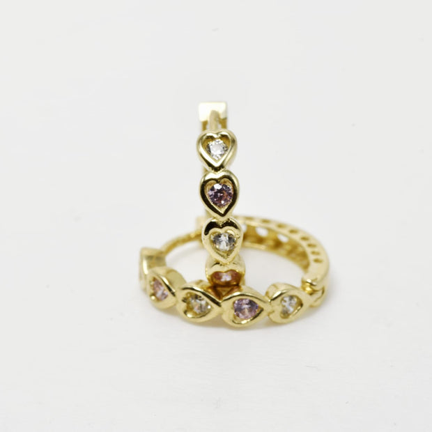 Heart-Shaped Gold Hoop Earrings with Clear &amp; Soft Pink Stones – 14K Gold