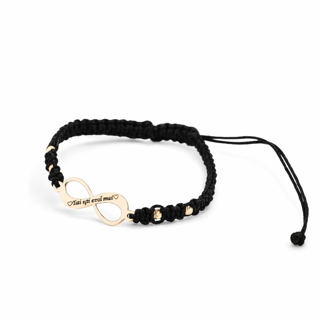 Cord Bracelet with 14K Gold Infinity Symbol and 4 × 2.5 mm Gold Beads