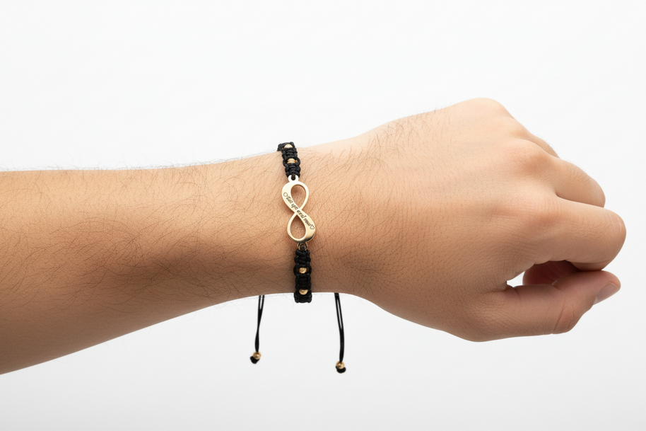 Cord Bracelet with 14K Gold Infinity Symbol and 4 × 2.5 mm Gold Beads
