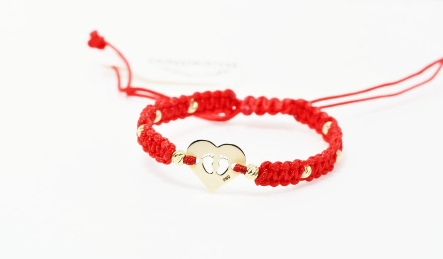 14K Gold Heart Bracelet with Baby Footprints – Red Cord